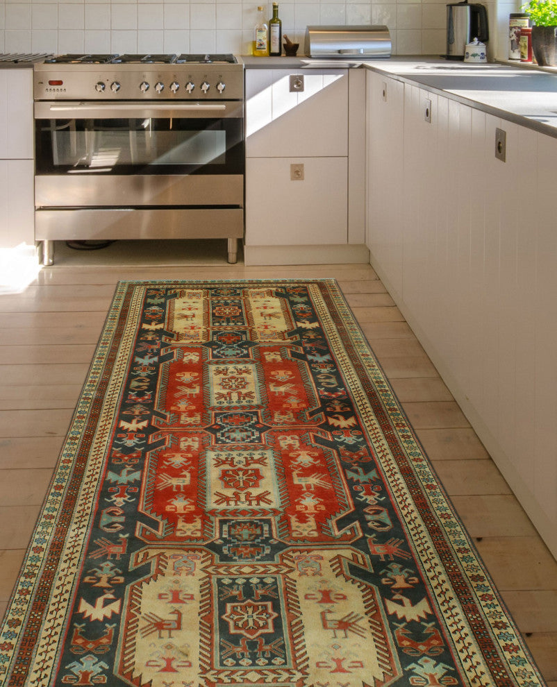 Fine Vintage Distressed Mitzi Navy/Red Runner, 4'1x9'11