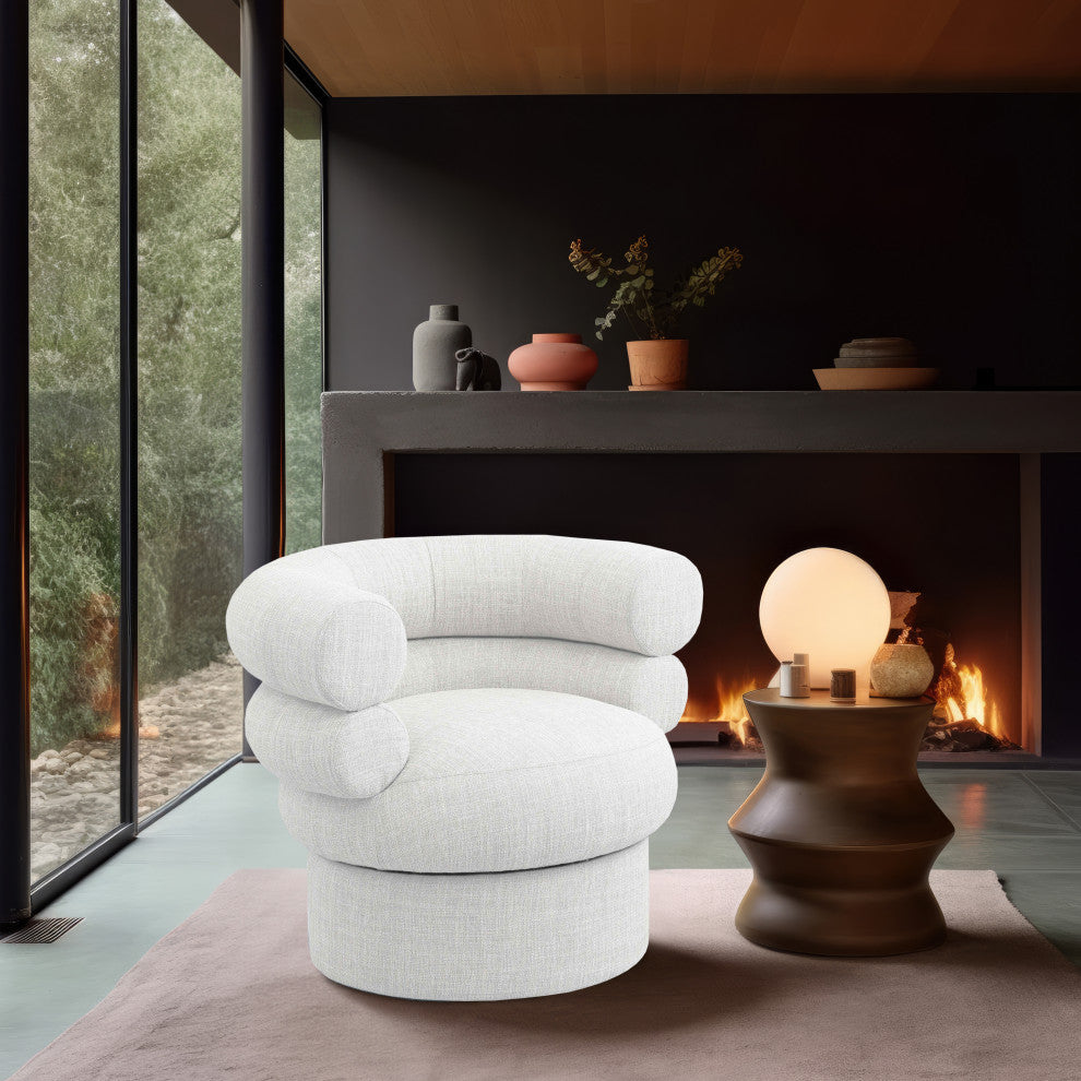 Valentina Linen Textured Fabric Upholstered Accent Swivel Chair, Cream