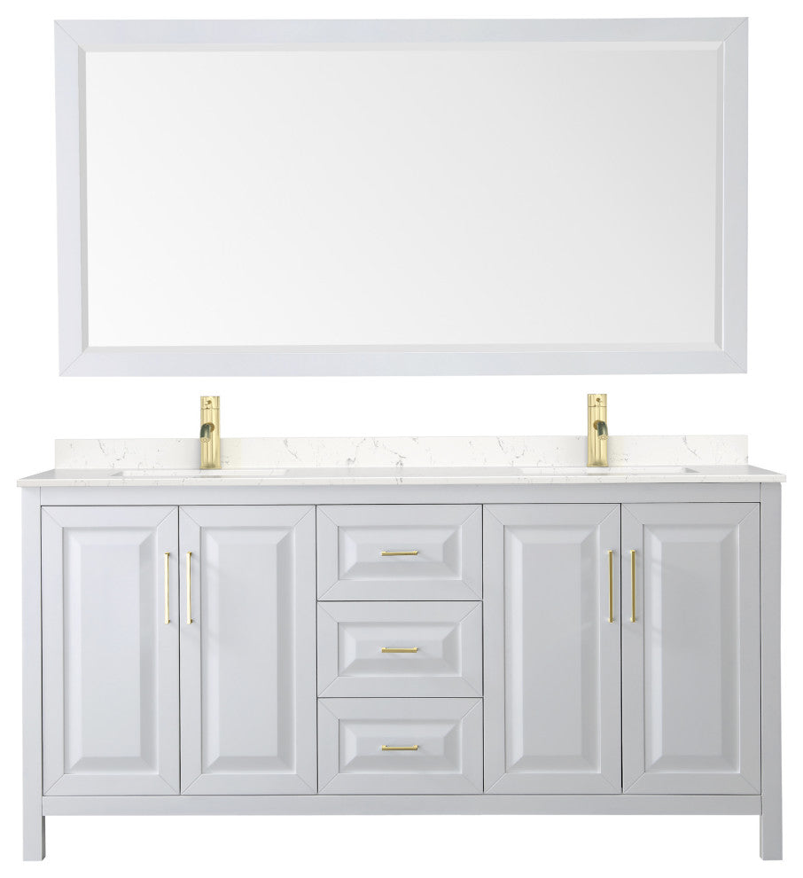 72"DBL Vanity White, Light-Vein Carrara Cult. Top, Sinks, 70"Mirror, Gold Trim