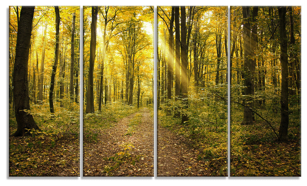 Sunset in Green Autumn Forest, Modern Forest Canvas Art, 48"x28", 4 Panels