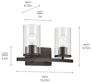 Crosby 15.25" 2-Light Vanity Light With Clear Glass, Olde Bronze