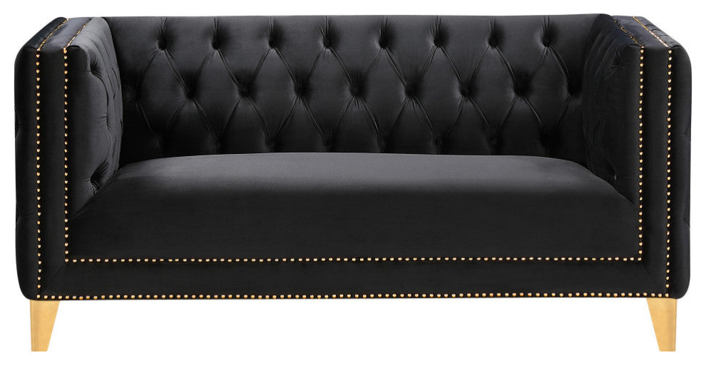 Michelle Fabric Upholstered Chair, Gold Iron Legs, Black, Velvet, Loveseat