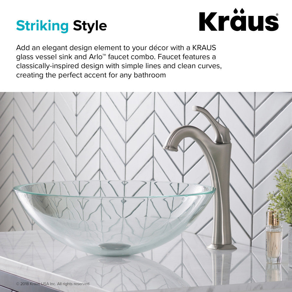 Glass Vessel Sink, Arlo Bathroom Faucet, Drain, Ring, Spot Free Stainless Steel