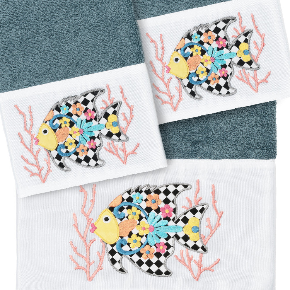Linum Home Textiles Turkish Cotton Feliz 3-Piece Embellished Towel Set, Teal