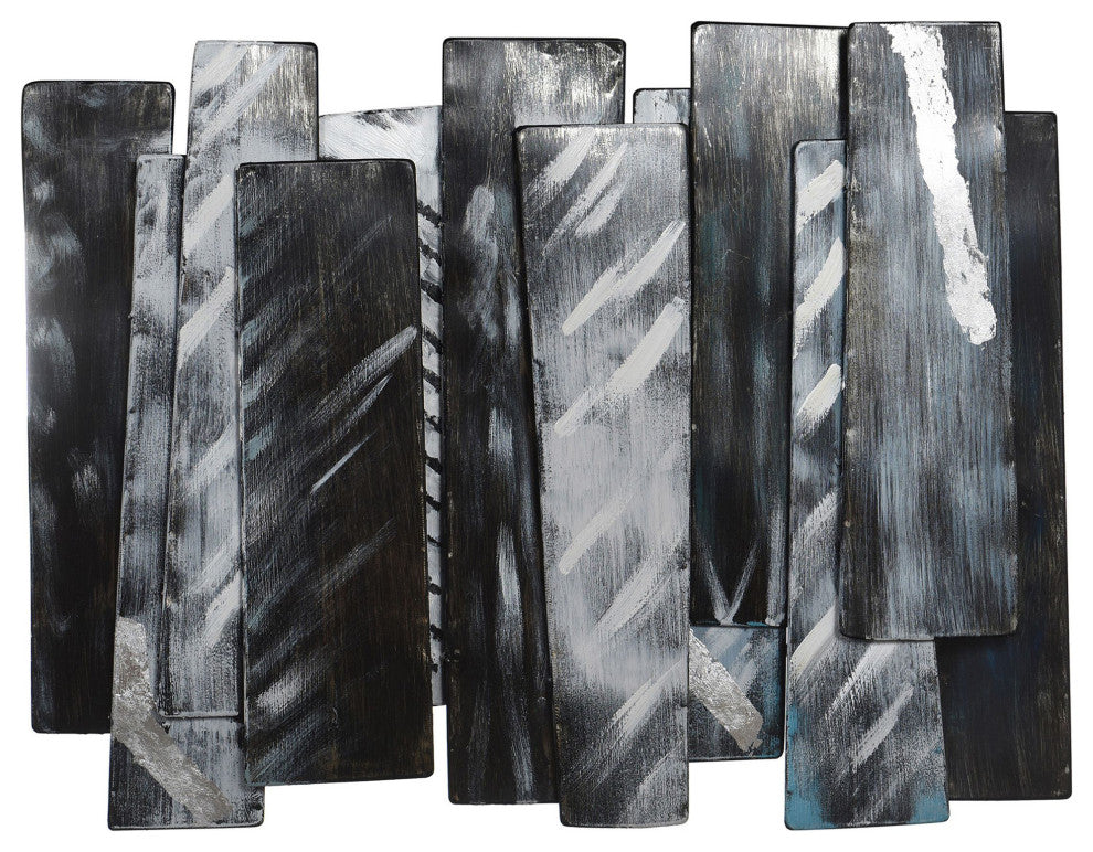 Midnight Aluminum Layered Metal Wall Decor, Silver Foil Accents Black, Grey