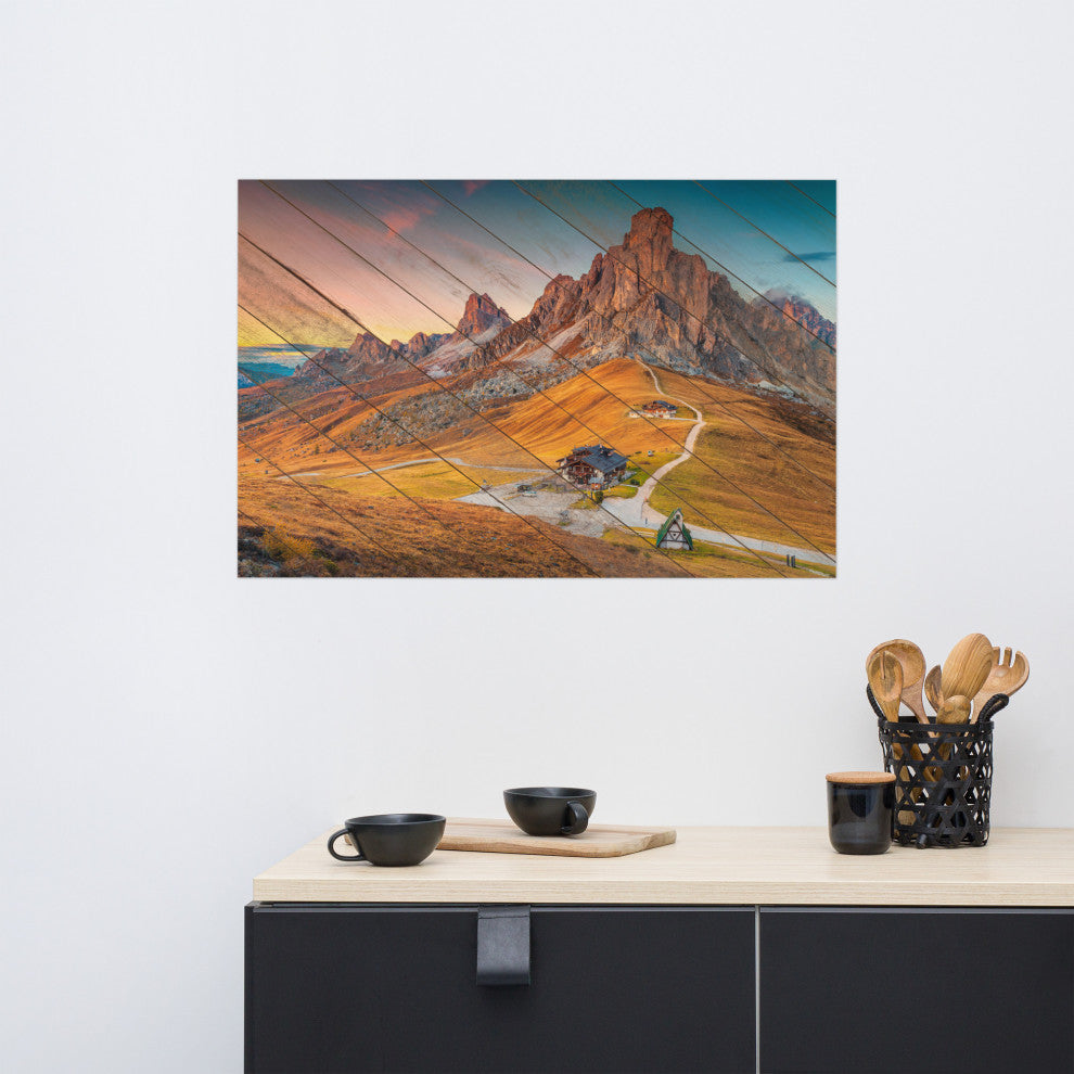Faux Wood Majestic Sunset & Alpine Mountain Landscape Photo Wall Art Print, 24" X 36"