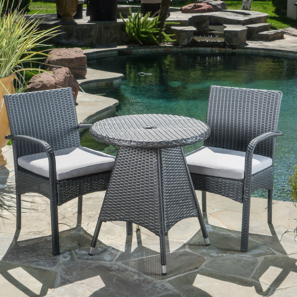GDF Studio 3-Piece Portola Outdoor Gray Wicker Bistro With Cushions Set