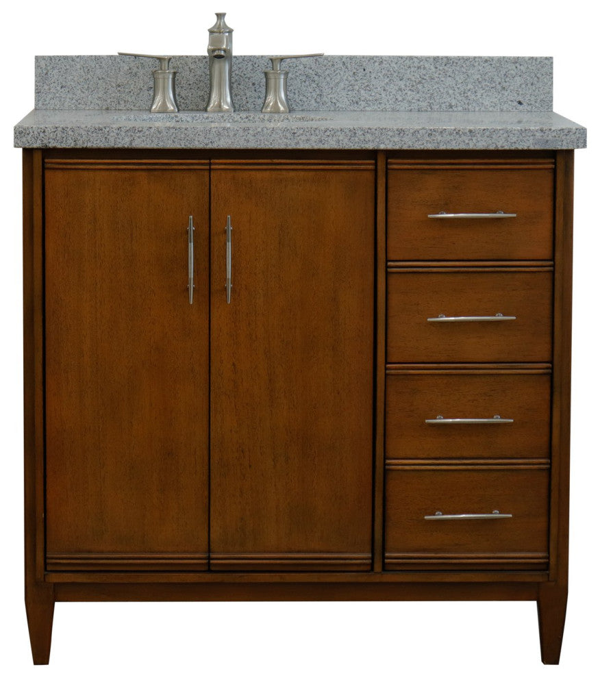 37" Single Vanity, Walnut Finish With Gray Granite
