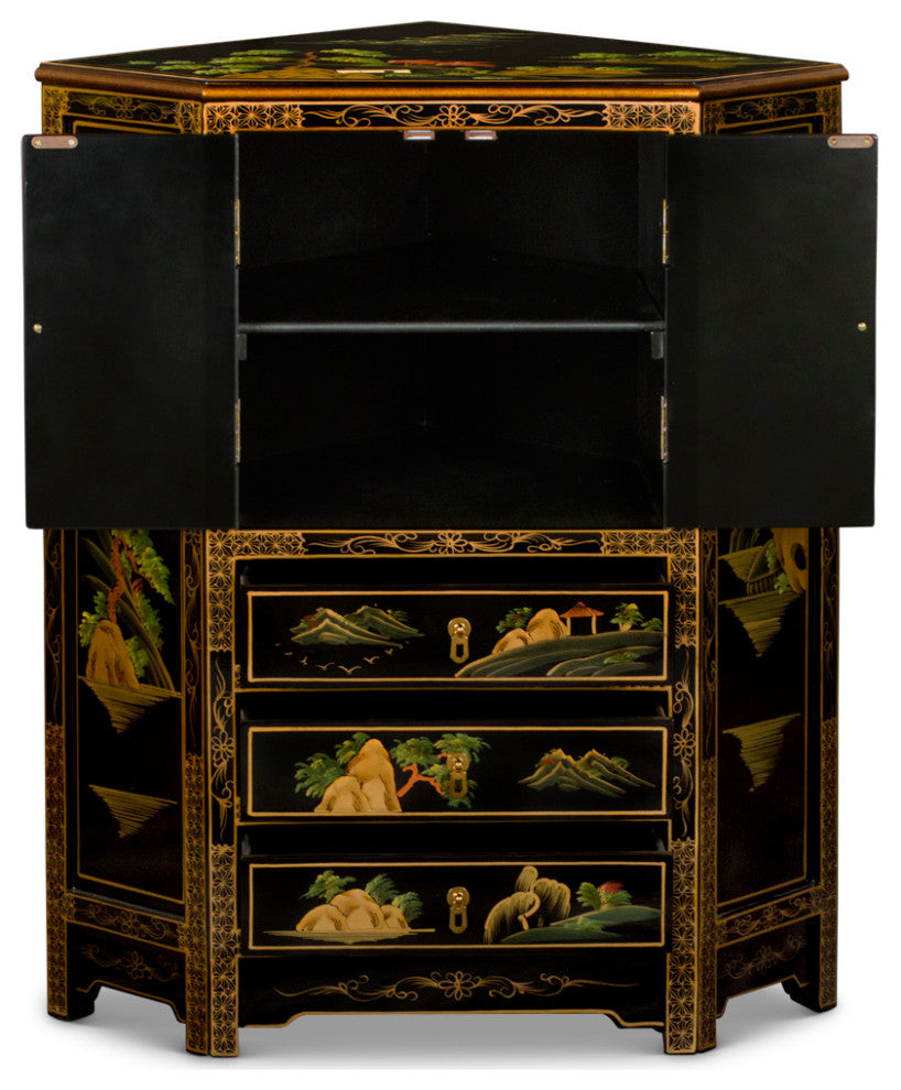 Black Lacquer Chinoiserie Landscape Oriental Corner Cabinet