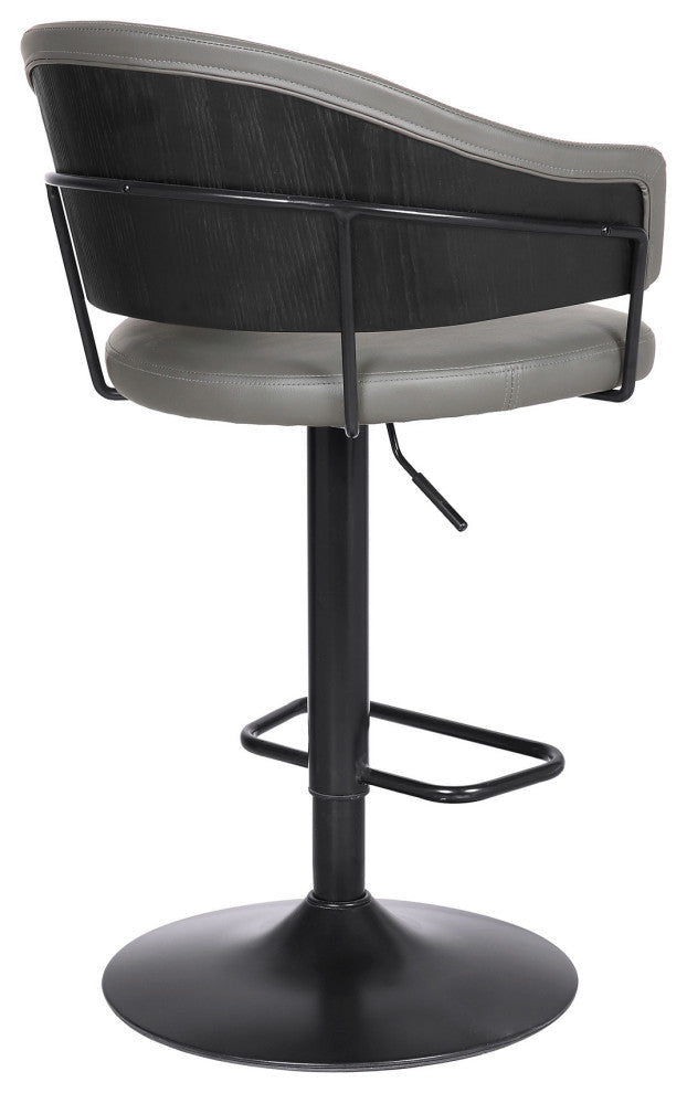 Adjustable Gray Faux Leather Black Wood and Metal Bar Stool