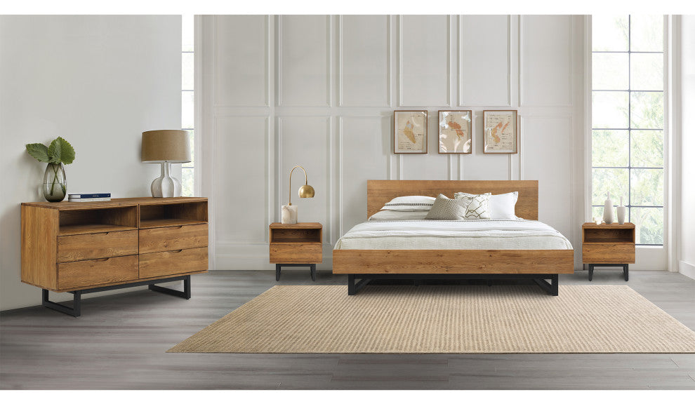 Aldo 4 Drawer Dresser in Brown Oak Wood with Black Metal Legs