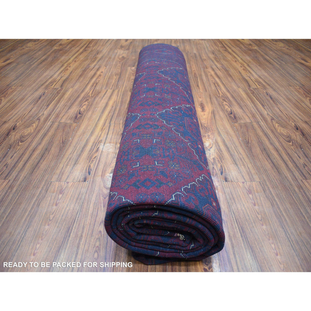 Deep and Saturated Red Hand Knotted Afghan Khamyab Velvety Wool Rug, 9'8"x13'1"