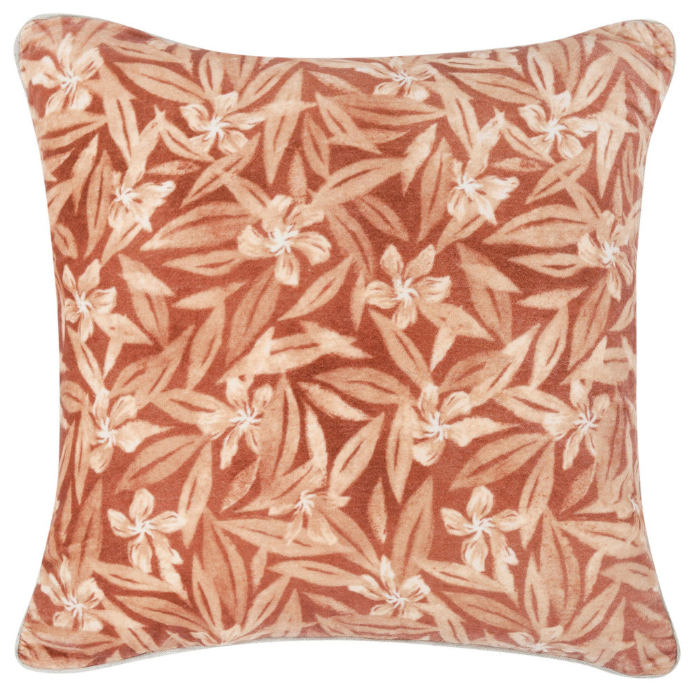 Lamia 22" Cotton Velvet Fabric Botanical Throw Pillow, Clay