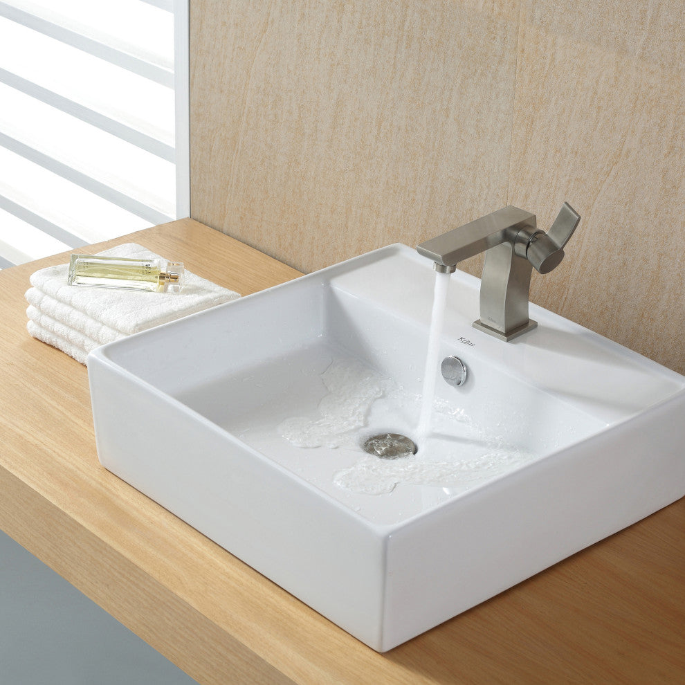 Elavo Ceramic Square Vessel White Sink, Overflow Drain Satin Nickel