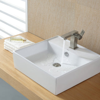 Elavo Ceramic Square Vessel White Sink, Overflow Drain Satin Nickel