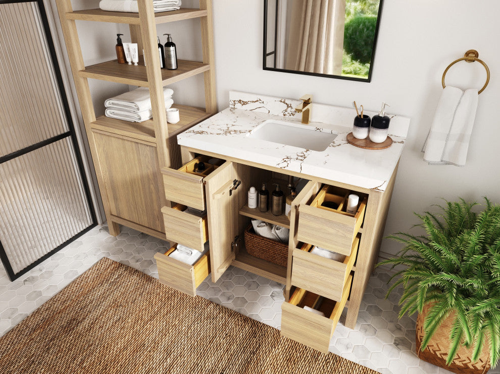 Elizabeth Oak 42" Single Sink Vanity, White 2" Empira Quartz