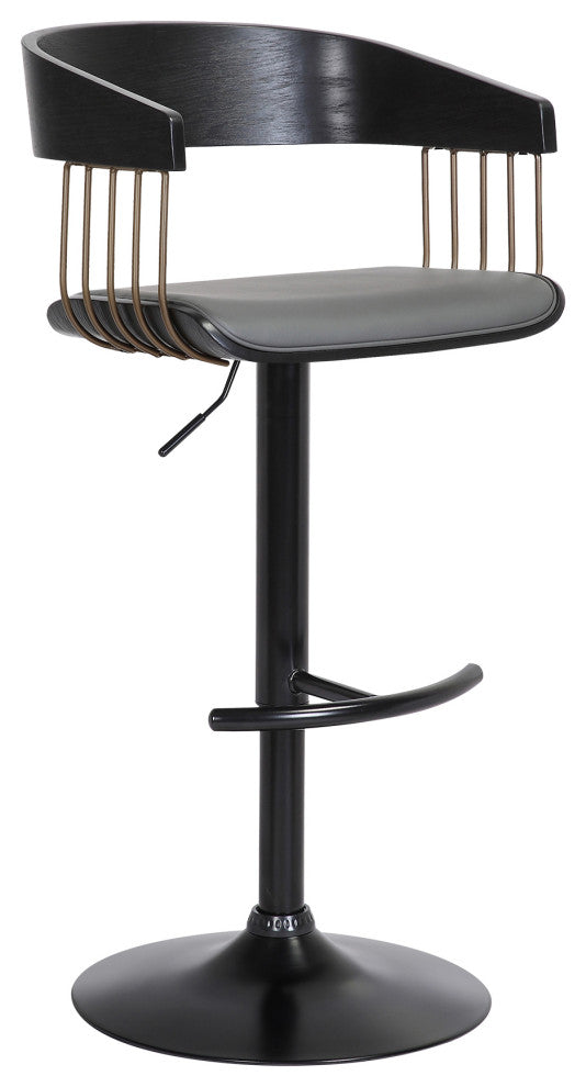 Larisa Adjustable Black Wood Bar Stool Gray Faux Leather Bronze and Black Metal