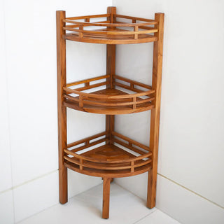 Dussi Teak Wood Freestanding 3 Tier Corner Bathroom Storage Shelf