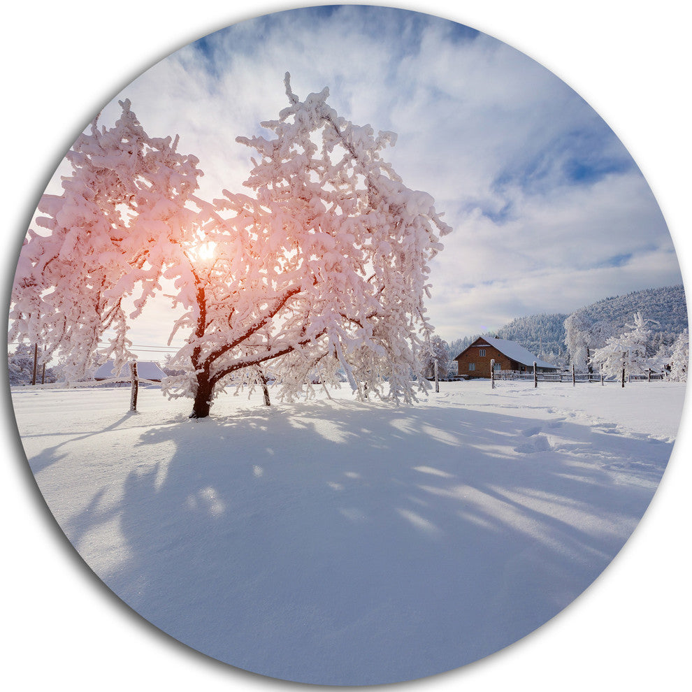 Winter In Carpathian Village, Landscape Photo Disc Metal Artwork, 23"