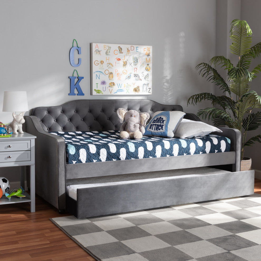 Hadgeon Gray Velvet Twin Daybed With Trundle