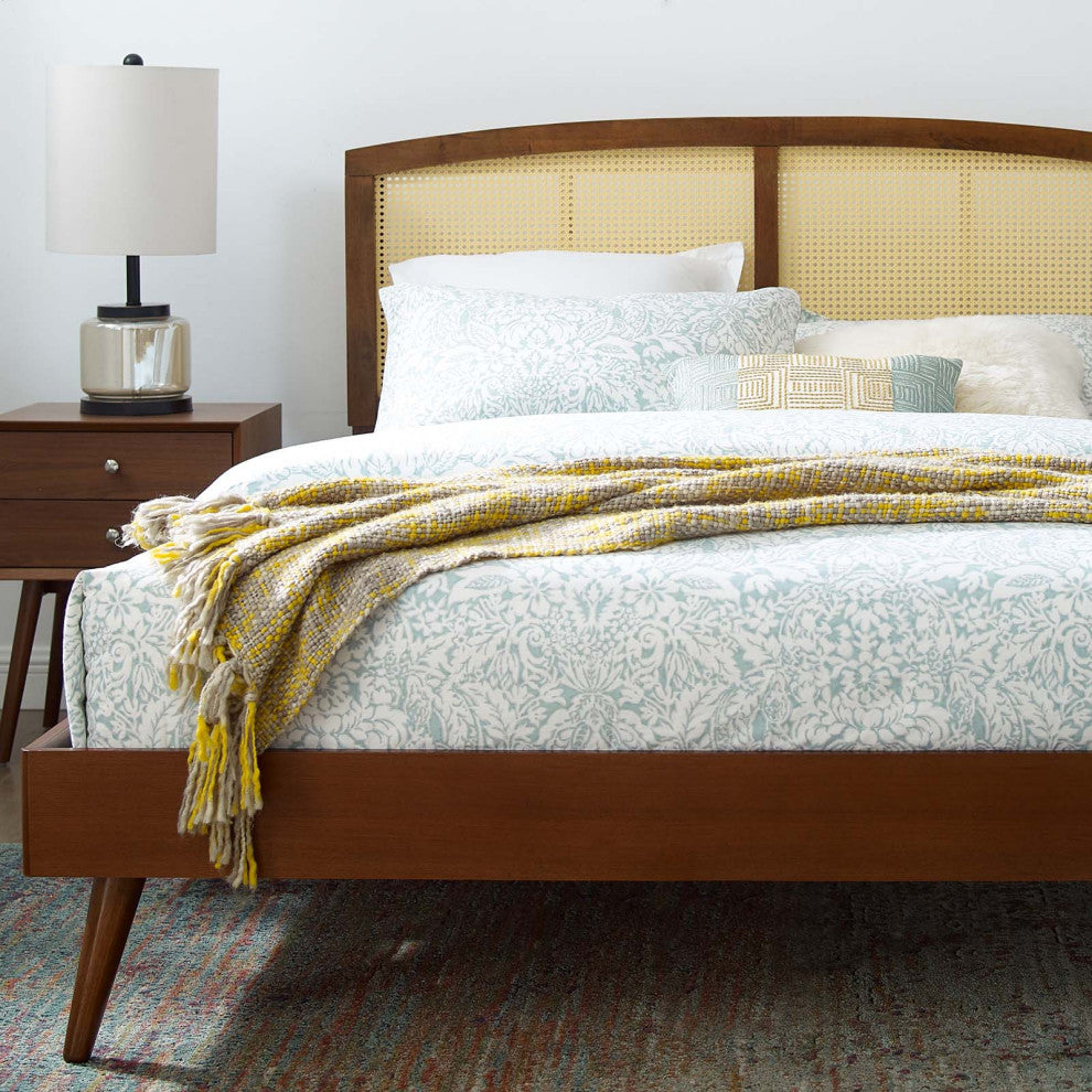 Platform Bed Frame, Full Size, Wood, Brown Walnut, Modern Mid-Century, Bedroom