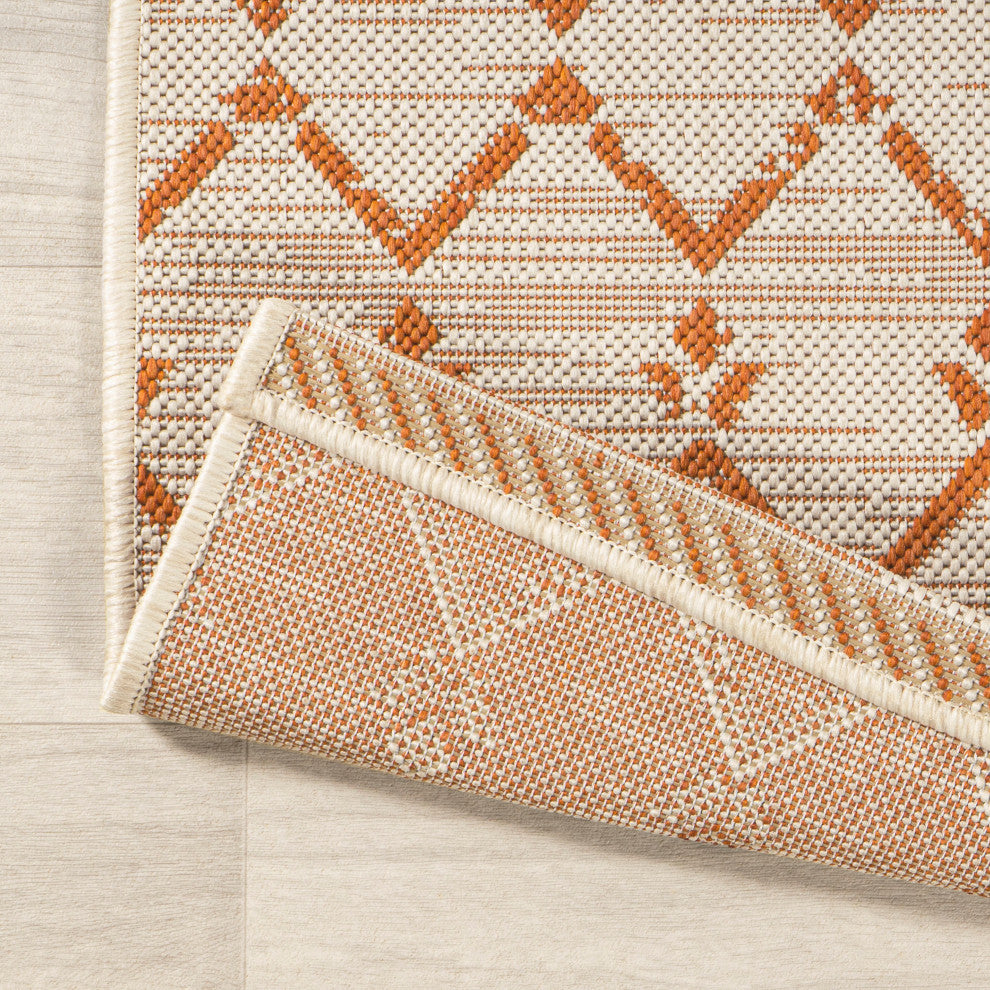 Ourika Moroccan Geometric Indoor/Outdoor Rug, Cream/Orange, 2x10
