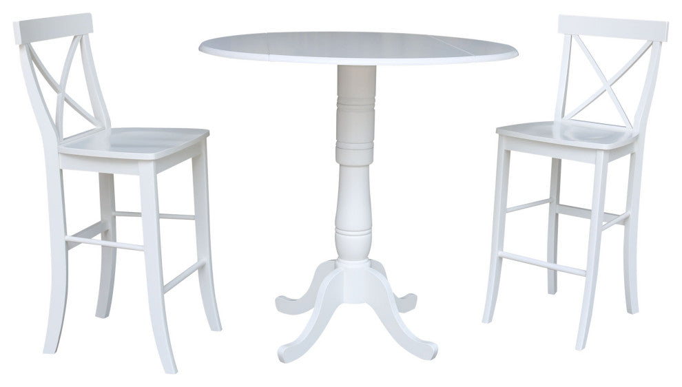 42" Round Pedestal Bar Height Table with 2 Bar Height Stools, White