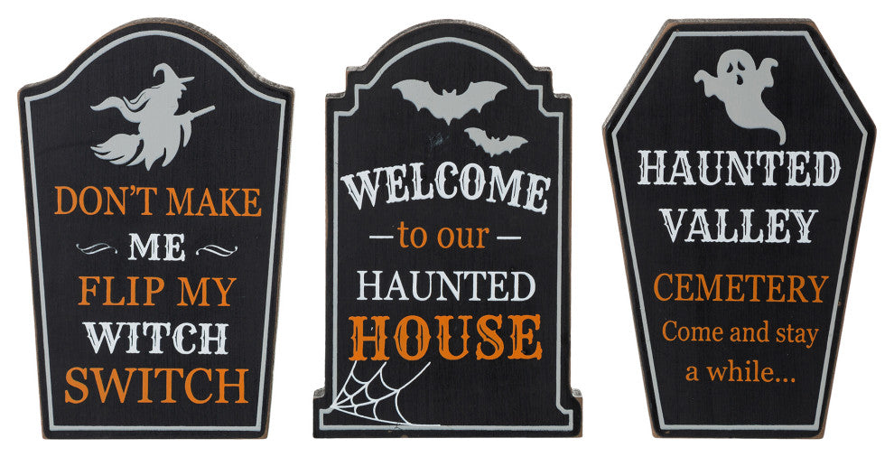 7"H Halloween Wooden Tombstone Table Sign, Set of 3