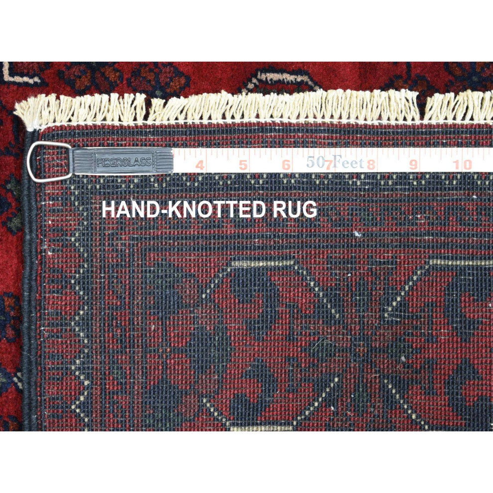 Deep Red, Afghan Khamyab Velvety Wool Hand Knotted Runner Rug, 3'0"x12'8"