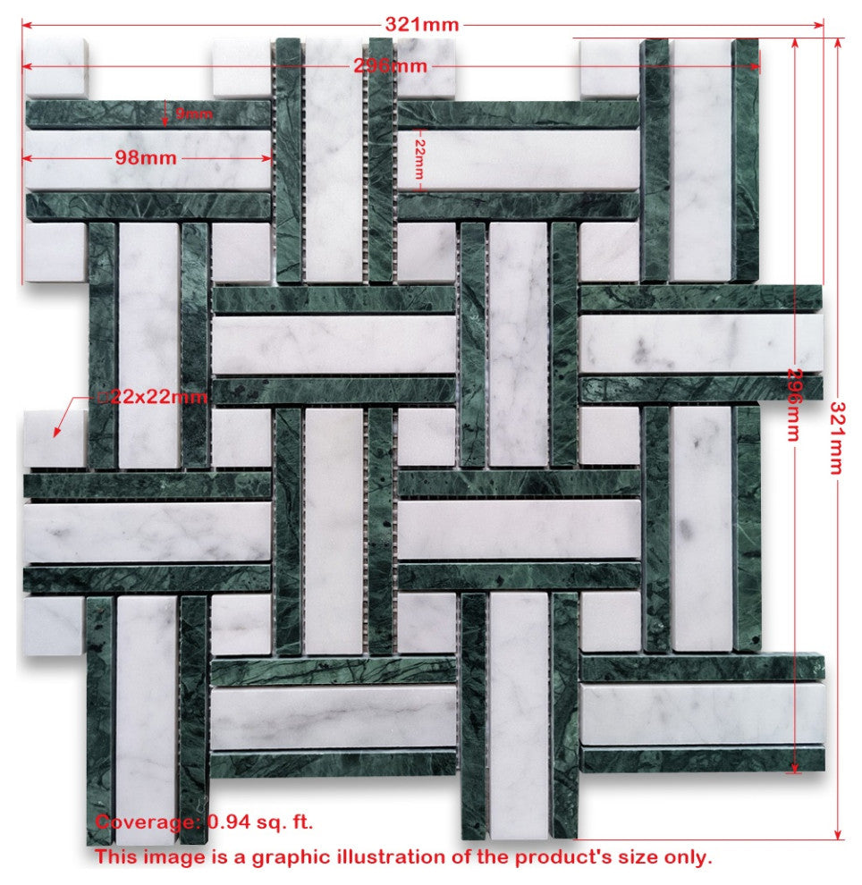 Carrara White Marble Twine Basketweave Mosaic Tile Indian Green Honed, 1 sheet