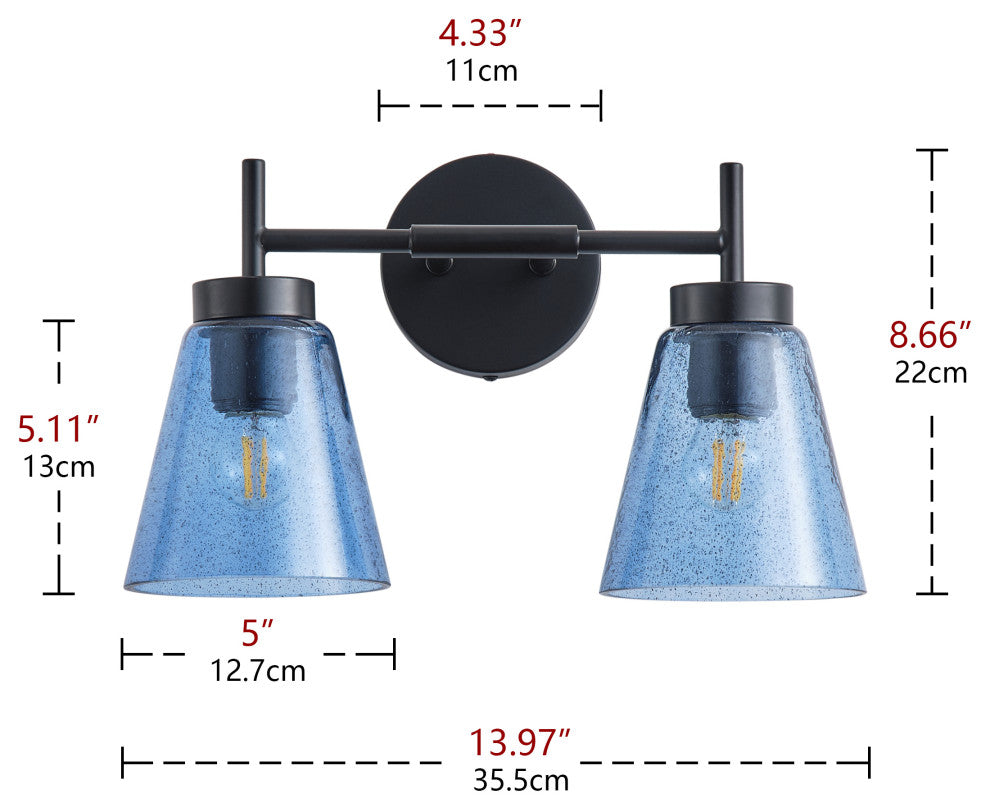 Modern Black 2-Light Wall Light with Blue Seeded Glass Shade
