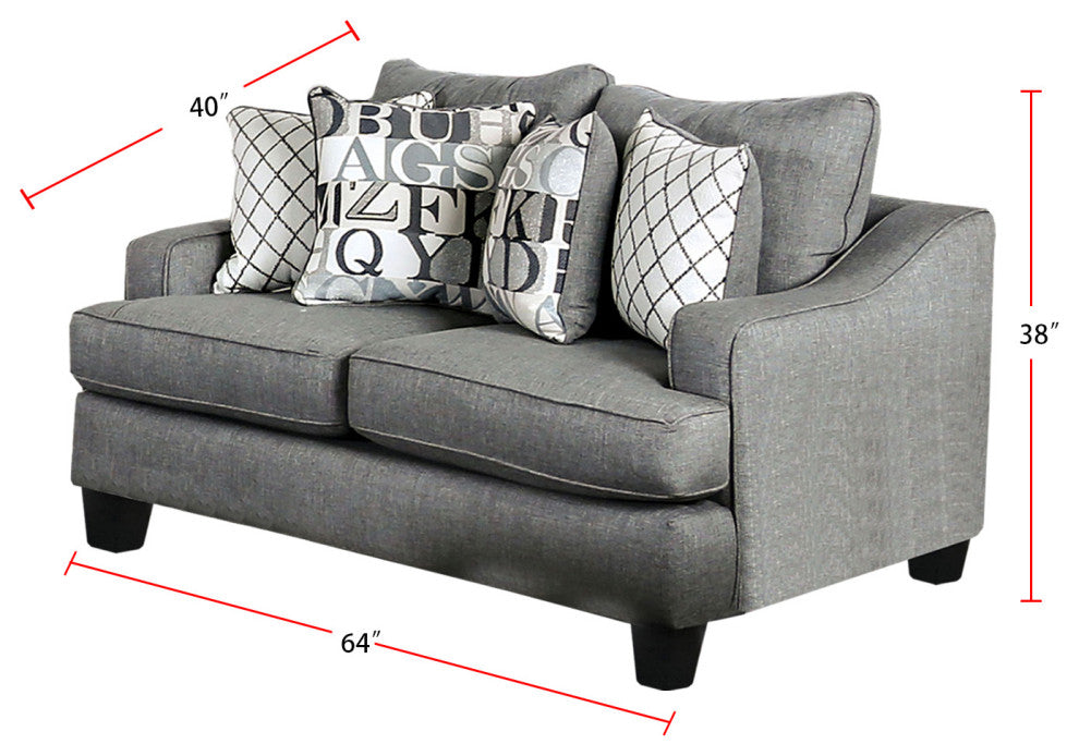 Linen-Like Fabric Loveseat with T-Cushion Seats Design, Bluish Gray