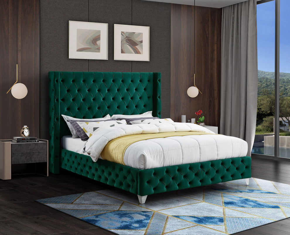 Savan Velvet Upholstered Bed, Green, Full