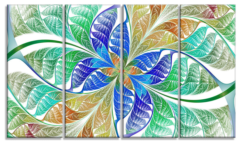 Light Blue Fractal Stained Glass, Abstract Canvas Art Print, 48"x28", 4 Panels