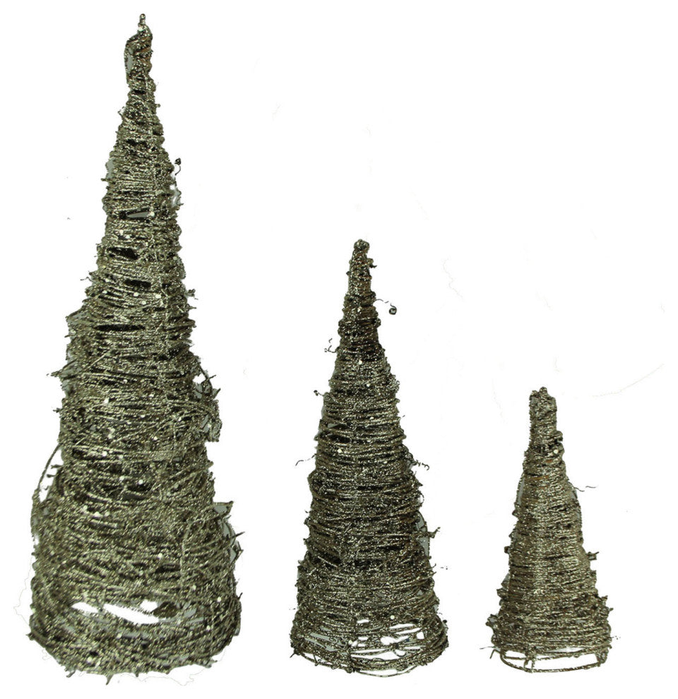 Silver Sparkle Glitter Spiral Twig Cone Trees Set of 3