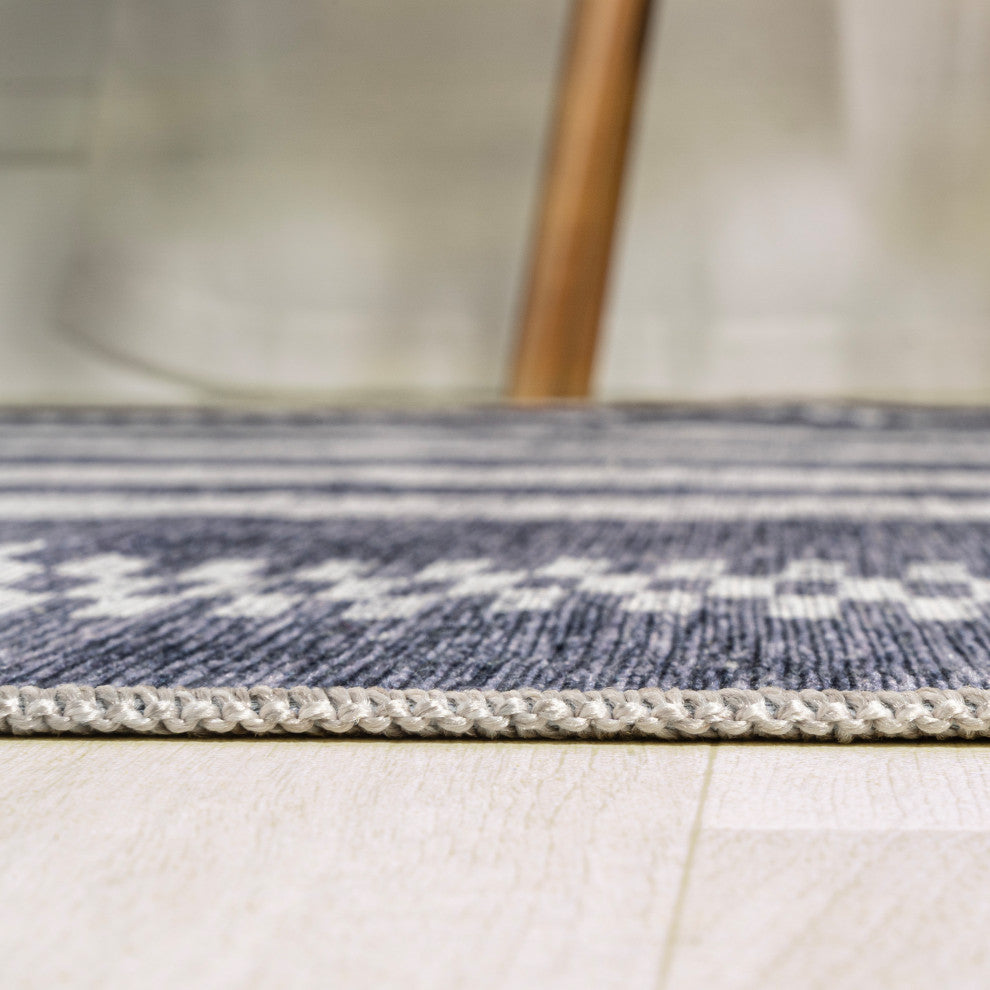 Vichy Geometric Striped Machine-Washable Area Rug, Slate Gray/Ivory, 2 X 8