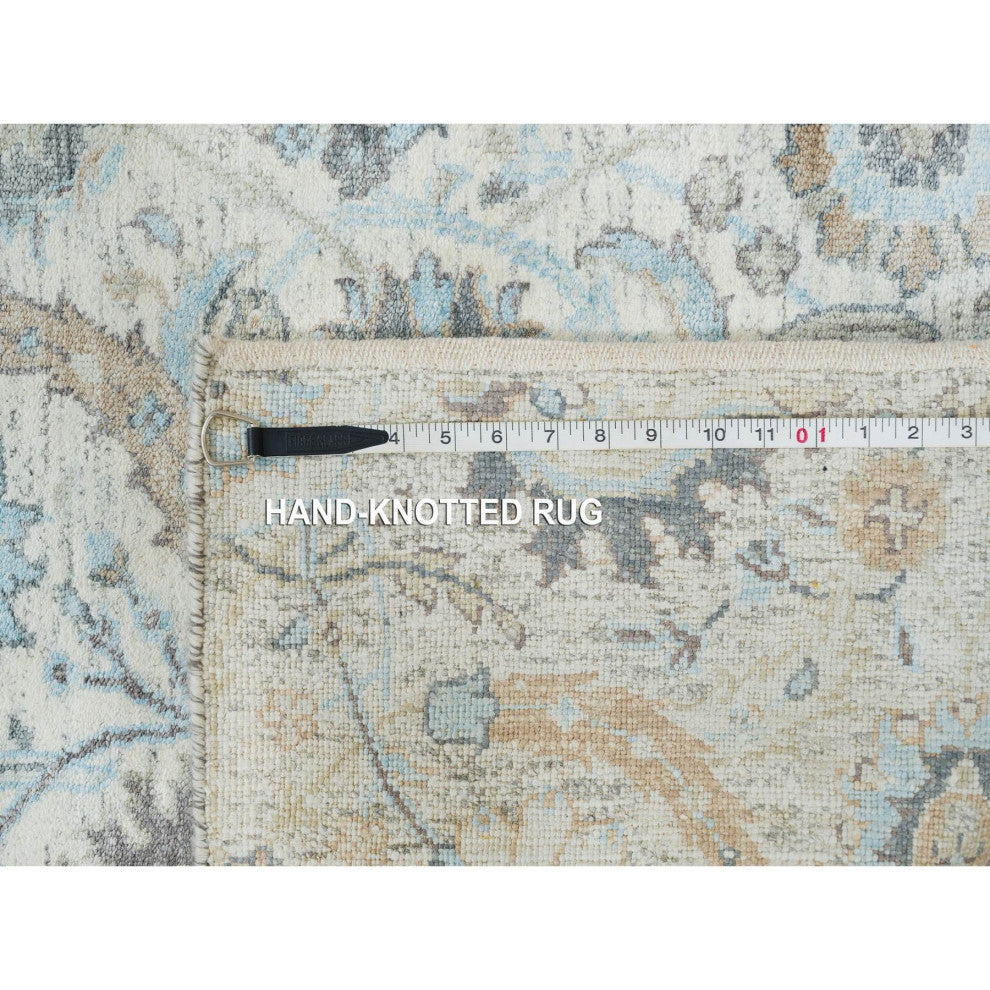 Ivory Sickle Leaf Design Silk With Wool Hand Knotted XL Runner Rug, 2'6"x20'0"
