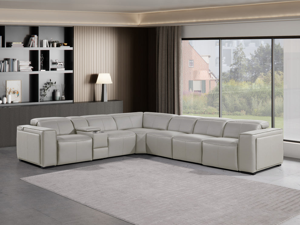 Niccolo Italian Leather 7-Piece L-Shaped Power Reclining Sectional, Light Gray