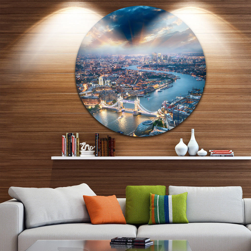 Aerial View Of London At Dusk, Cityscape Photo Disc Metal Wall Art, 23"