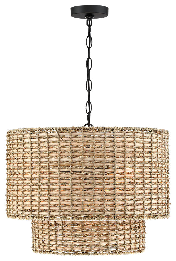 20" W 4-Light Rattan Tiered Drum Chandelier Light With Black Canopy