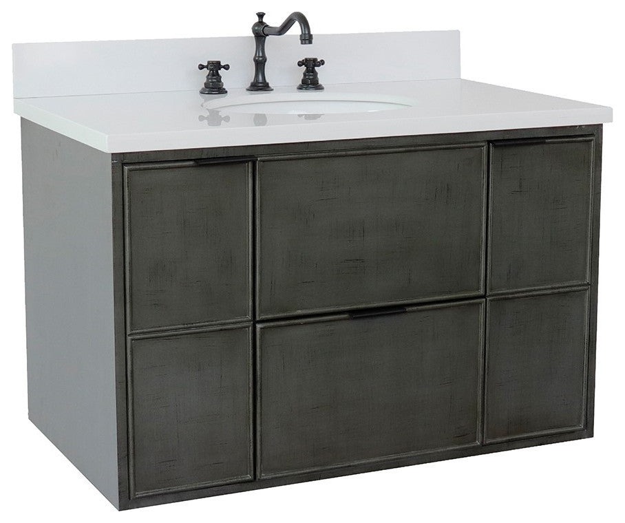 37" Single Wall Mount Vanity, Linen Gray Finish With White Engineered Stone Top