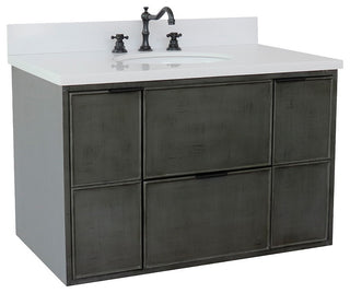 37" Single Wall Mount Vanity, Linen Gray Finish With White Engineered Stone Top