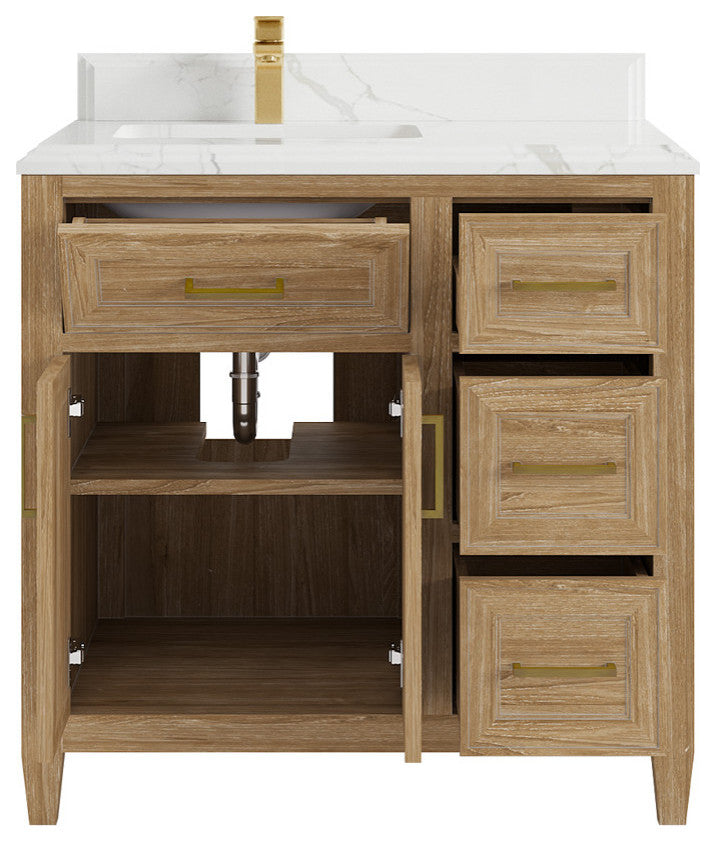 Santa Monica 36 Left Offset  Bath Vanity in Whitewashed Teak 1.5" Calacatta Laza