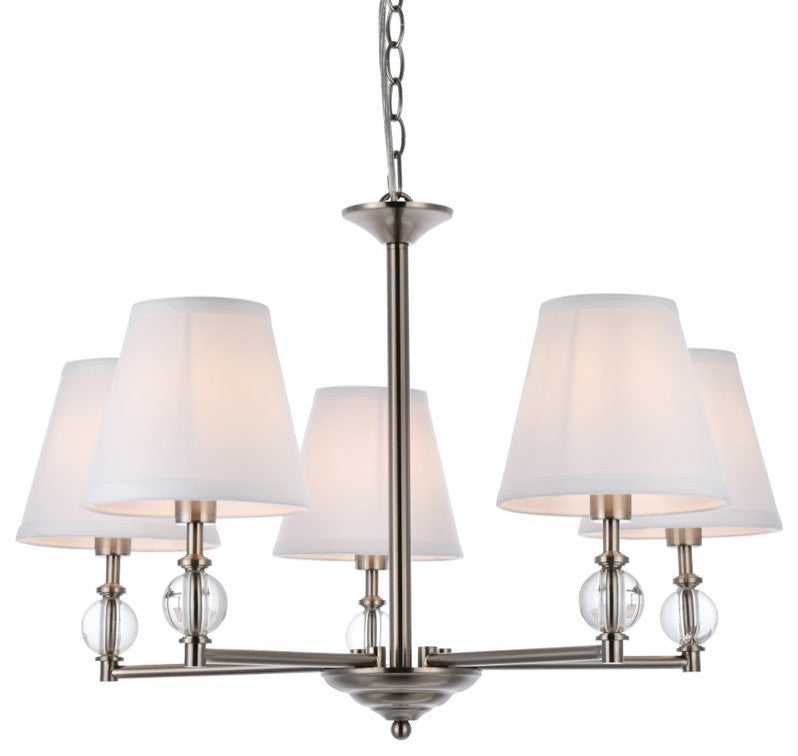 Beau 5-Light Pendant, Satin Nickel With White Fabric Shade