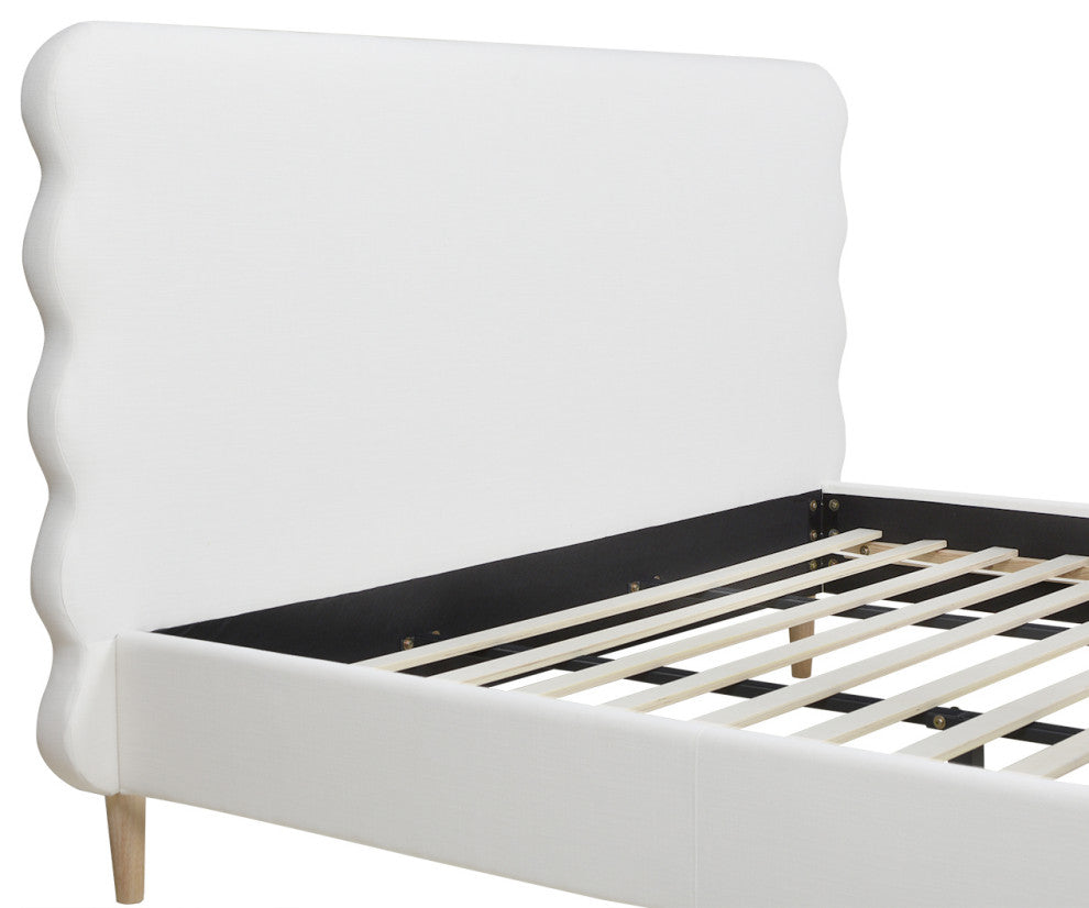 Stockholm Modern Wavy Headboard Platform Bed, Antique White Polyester, King