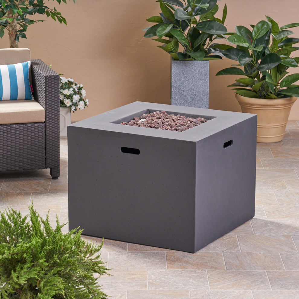 GDF Studio Leo Outdoor 31" Square Light Weight Concrete Gas Burning Fire Pit, Dark Gray