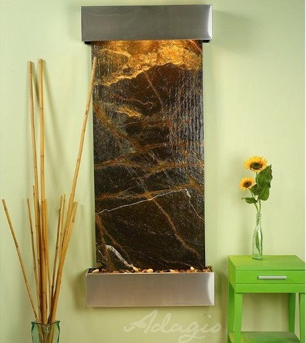 Inspiration Falls Wall Fountain, Stainless Steel, Rainforest Green Marble, Squar