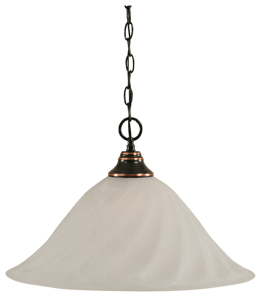 Chain Hung Pendant In Black Copper, 20" White Alabaster Swirl Glass