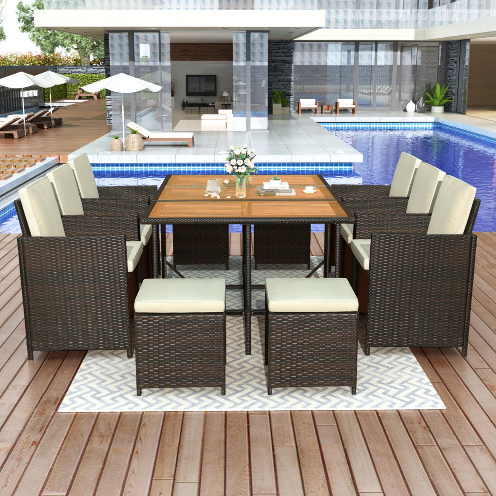11 Pieces Outdoor Patio Rattan Dining Table Set With Cushions