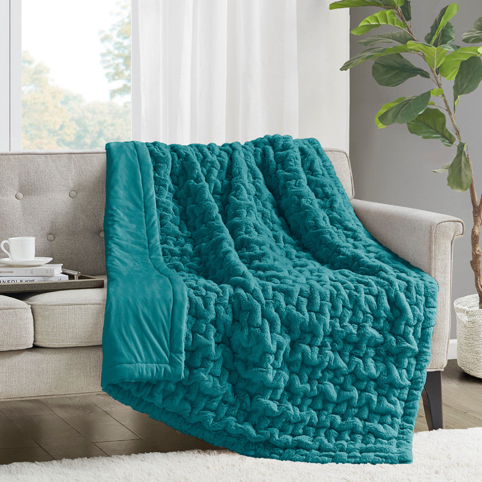 Madison Park Ruched Fur Throw, Teal